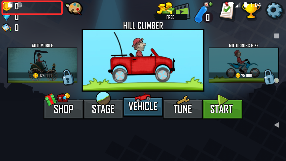Hill Climb Racing main menu showing a coin balance of 0
