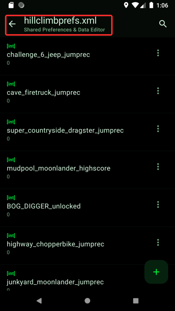 Cheat Droid showing the Hill Climb Racing hillclimbprefs.xml file