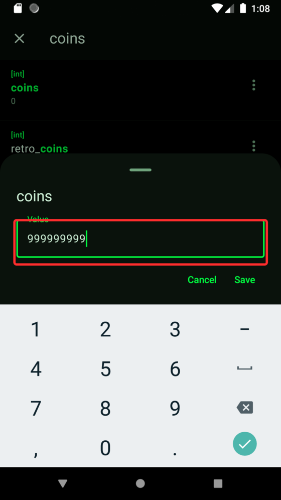 Editing the coins value to 999999999 in Cheat Droid