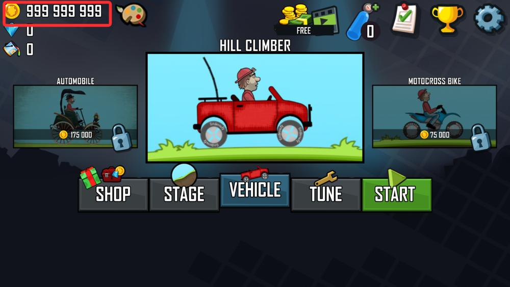 Hill Climb Racing main menu showing 999,999,999 coins after the edit