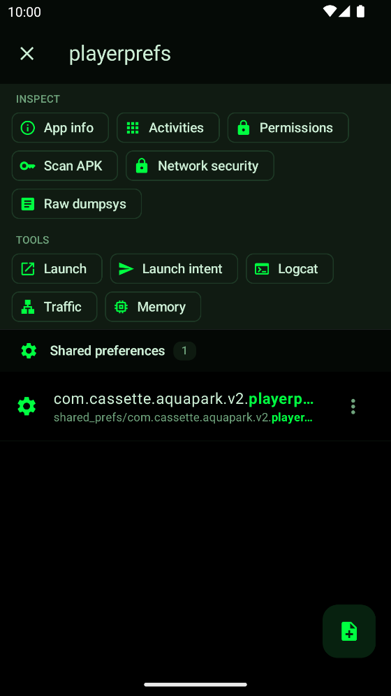 CheatDroid listing com.cassette.aquapark.v2.playerprefs.xml under Shared preferences