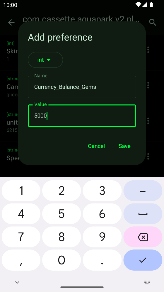 CheatDroid adding an int preference named Currency_Balance_Gems with the value 5000