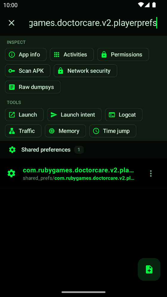 CheatDroid listing the Beauty Care! playerprefs file under Shared preferences