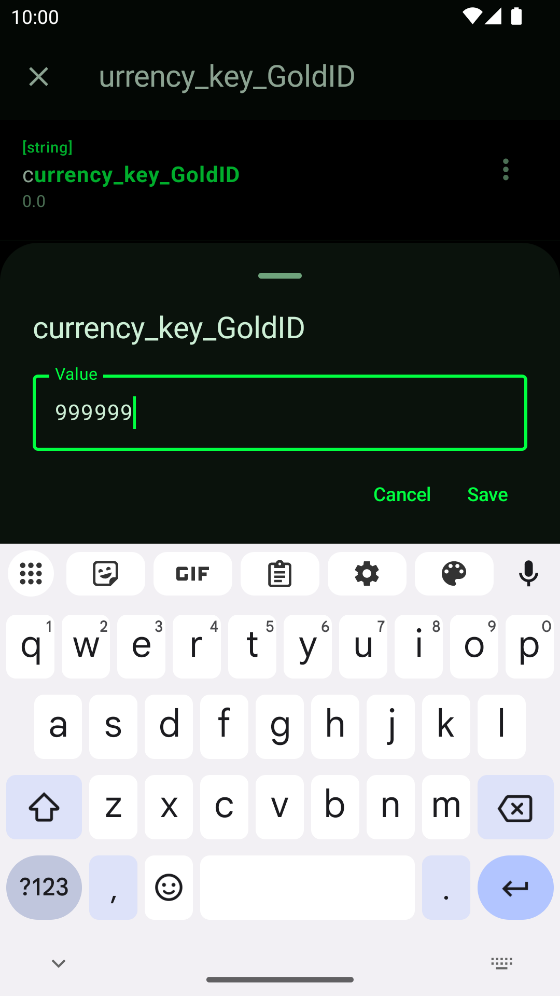 CheatDroid editing currency_key_GoldID, 999999 typed over 0.0
