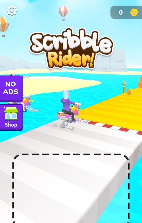 Scribble Rider start screen with 0 coins in the top right corner