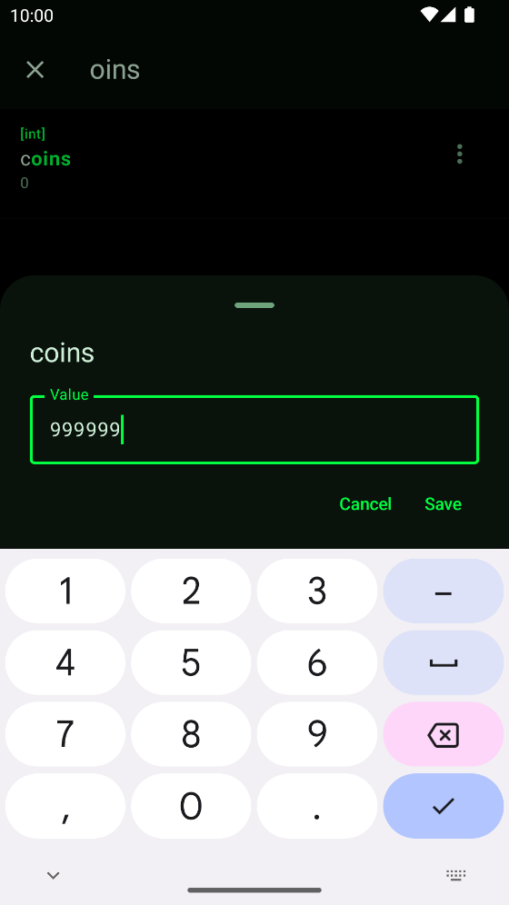 CheatDroid editing the int coins, currently 0, with 999999 typed in