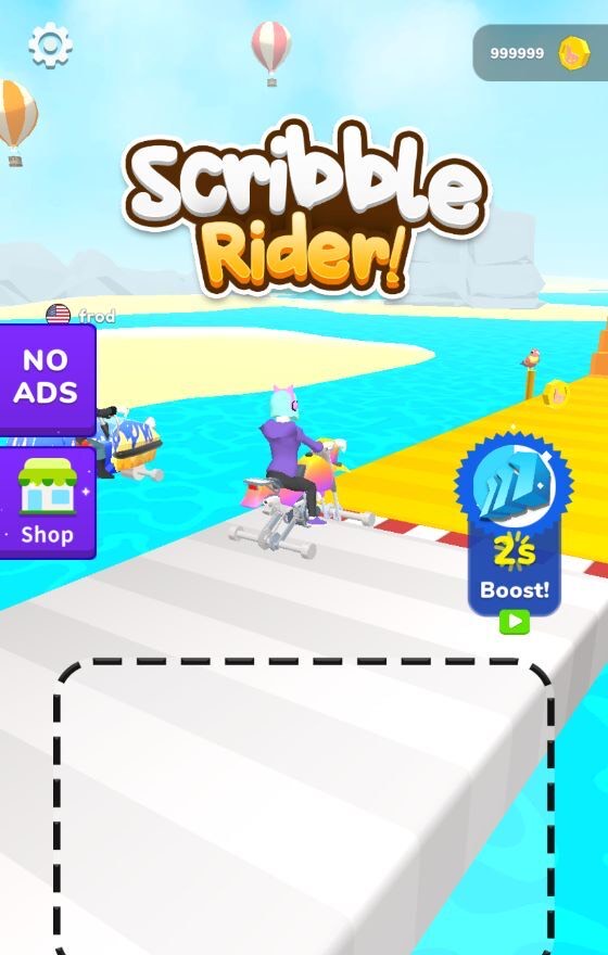 Scribble Rider start screen with 999999 coins in the top right corner