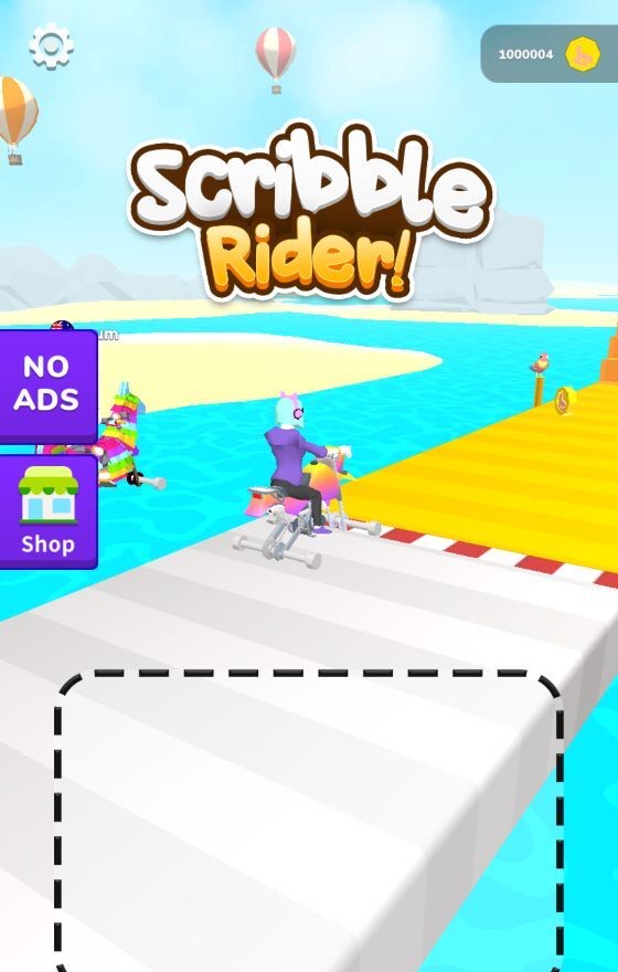 Scribble Rider start screen with 1000004 coins after a race and a restart