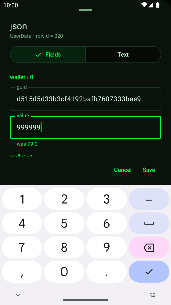 CheatDroid showing the walletUserData JSON as fields, value set to 999999